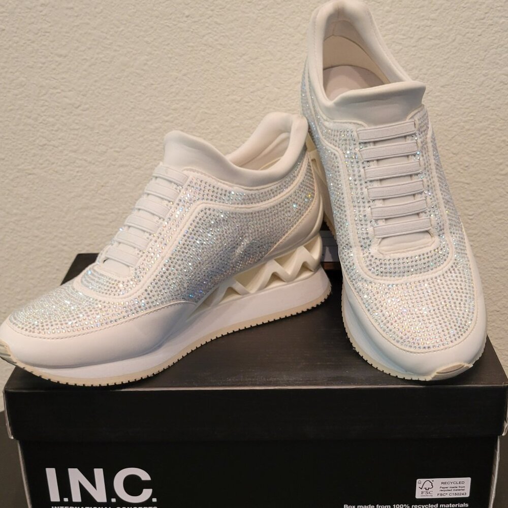 I.N.C. White Glitter Diamond Sparkle Platform Sneakers, shoes,